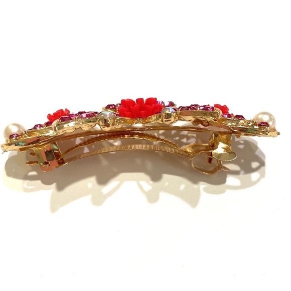 Hair Clip Barrette Butterfly Gold Tone  Pink Rhinestones Flowers - Picture 2 of 4